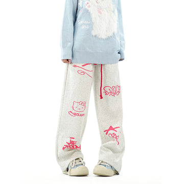 Sweet Girl Style Graffiti Hello Kitty Printed Straight Pants