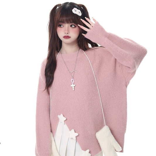 Sweet Girly Pink Star-Decorated Round Neck Sweater