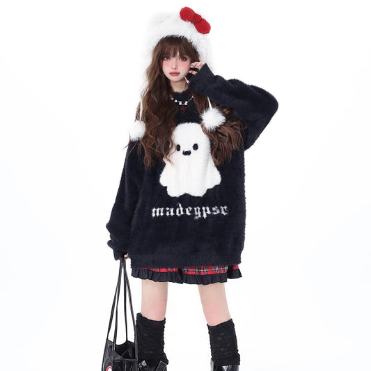 Sweet Girly Style Cartoon Ghost Embroidered All-match Sweater