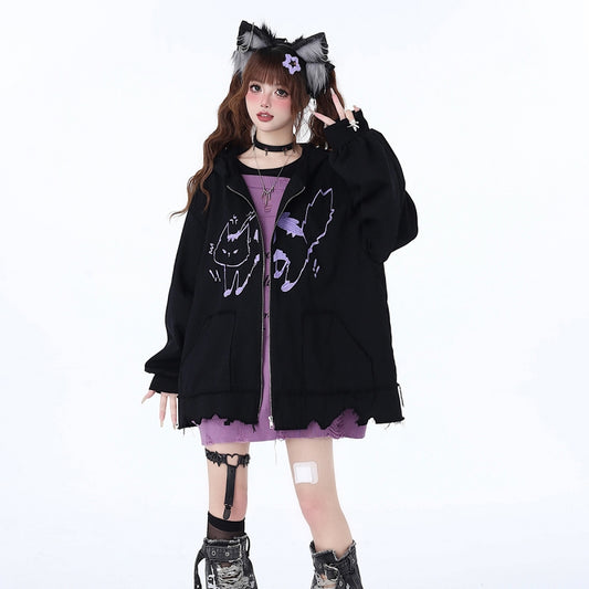 Sweet Girly Style Cartoon Kitten Embroidered Hooded Jacket