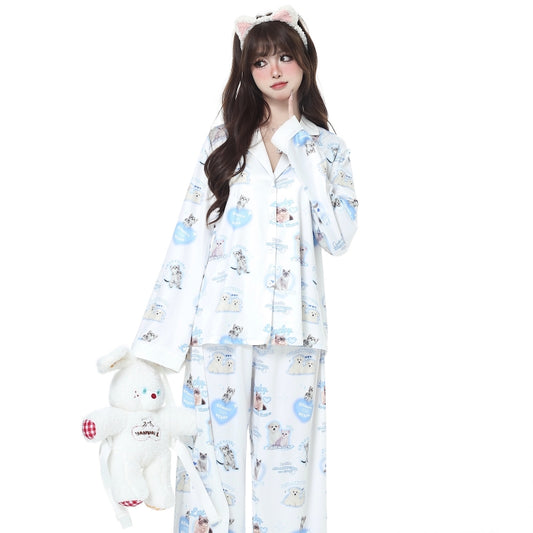 Sweet Girly Style Cute Kitten Print Pajama Set