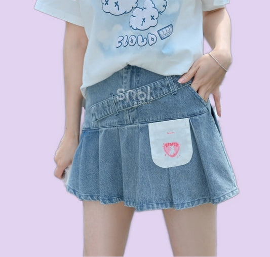 Sweet Girly Style High Waist Mini Denim Pleated Skirt