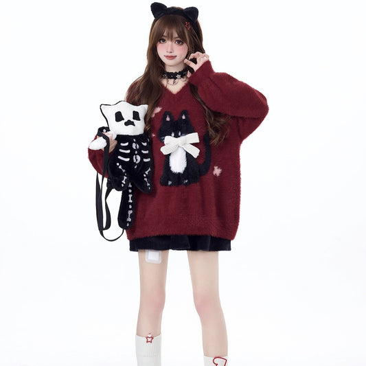 Sweet Girly Style Lazy Kitten Embroidered Sweater