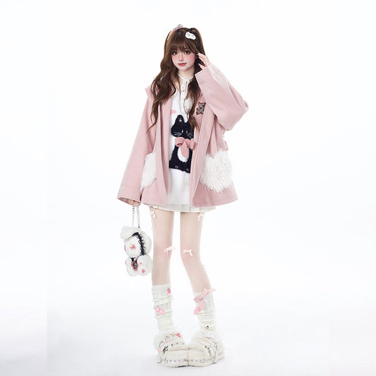 Sweet Girly Style Pink Loving Heart Pocket Coat