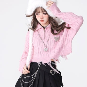 Sweet Girly Style Pink Polo Collar Short Sweater