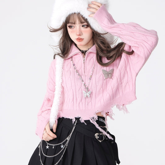 Sweet Girly Style Pink Polo Collar Short Sweater