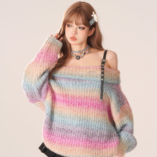 Sweet Girly Style Rainbow One-shoulder Sweater