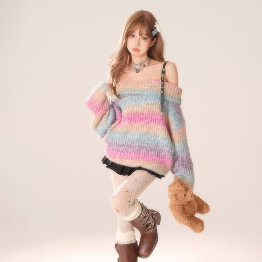 Sweet Girly Style Rainbow One-shoulder Sweater