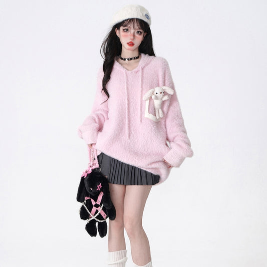 Sweet Lazy Style Pink Hooded Sweater