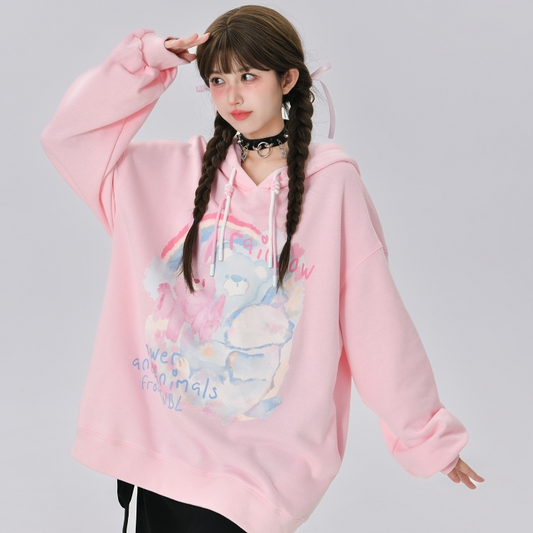 Sweet Loose Pink Cartoon Bunny Print Hoodie