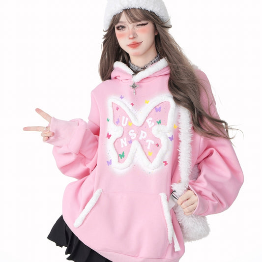 Sweet Pink Butterfly Embroidered Hooded Sweatshirt