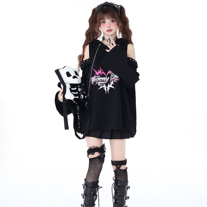 Sweet Punk Style Black Off-shoulder Hooded Sweatshirt