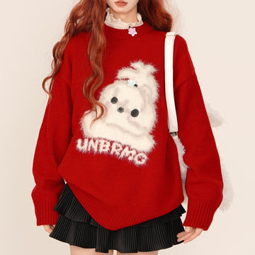 Sweet Red Christmas Style Loose Crew Neck Sweater