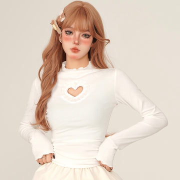 Sweet Style All-match Lace Hollow Heart Long-Sleeved Top