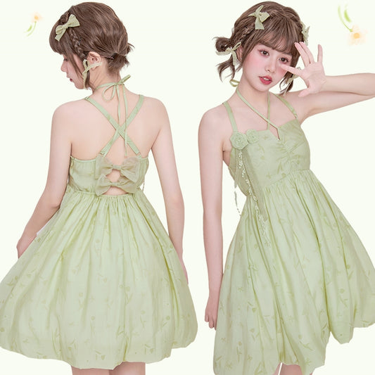 Sweet Style Green Bow Knot Backless Sling Dress