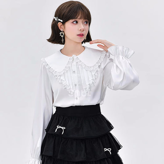 Sweet Style Lace Stitching White Shirt