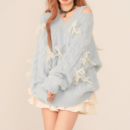 Sweet Style Light Blue Off-Shoulder V-neck Sweater