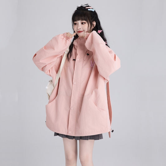 Sweet Style Pink Bunny Ears Windproof Jacket