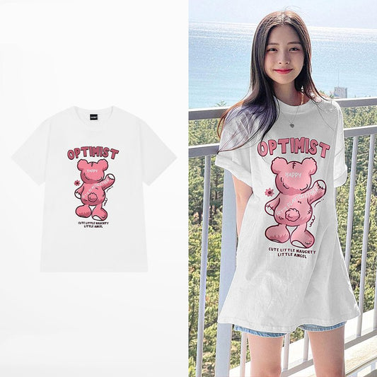 Sweet Style Pink Cartoon Bear Print T-Shirt