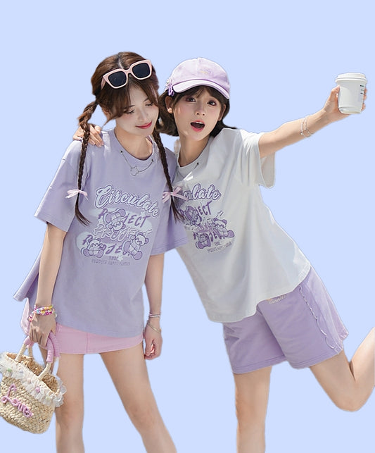 Sweet Style Purple Bear Print All-match T-shirt