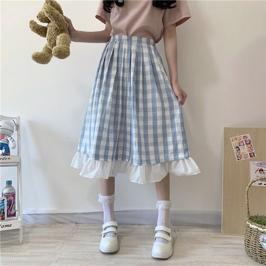 Sweet Teen Girl Plaid Vintage Long Skirt