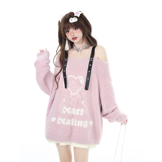 Sweet and Soft-Girl Style One-Shoulder Loving Heart Embroidered Sweater