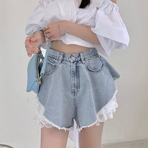 High Waist Lace Denim Shorts