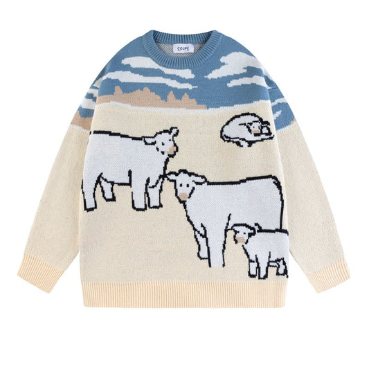 Vintage Cow Embroidered Loose Crew Neck Sweater