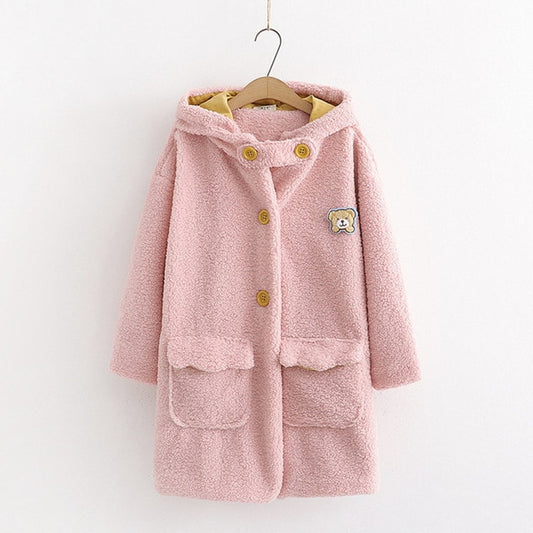 Kawaii Bear Embroidered Sherpa Coat with Hood