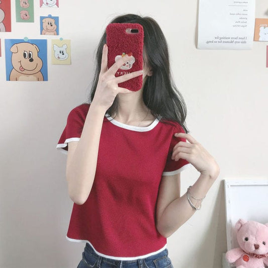 Cute Contrast Color Short T-shirt