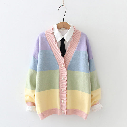 Soft Girl Rainbow Cardigan Sweater