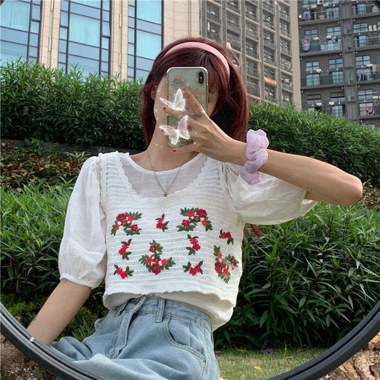Korean Fashion Floral Crochet Vest