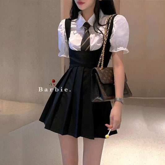 Puff Sleeve T-Shirt Tie Pleated Suspender Skirt Set