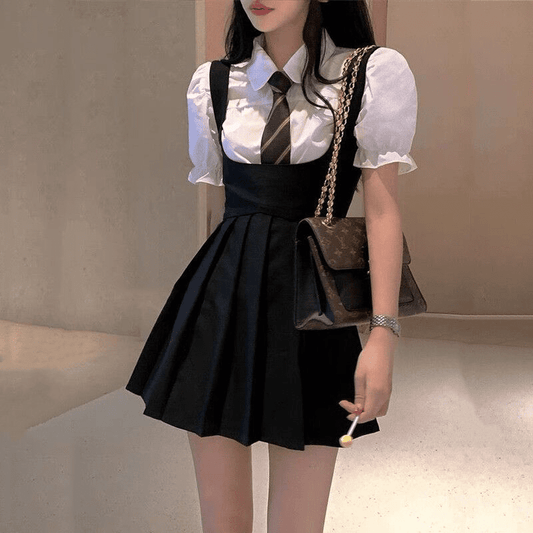 Puff Sleeve T-Shirt Tie Pleated Suspender Skirt Set