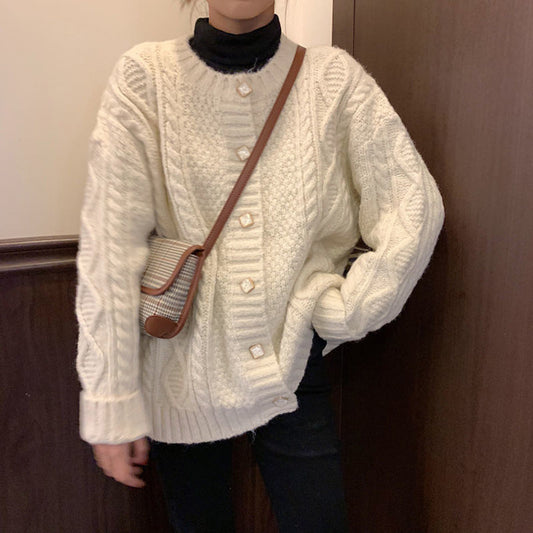 Korean Rhombus Button Cable Knitted Cardigan