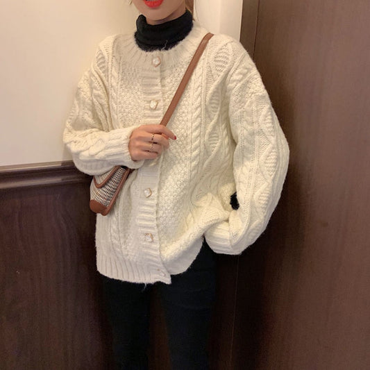 Korean Rhombus Button Cable Knitted Cardigan