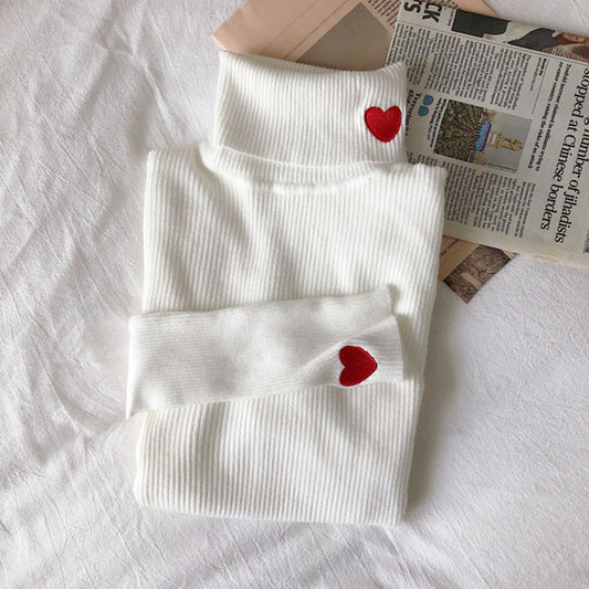 Kawaii Turtleneck Heart Embroidered Sweater