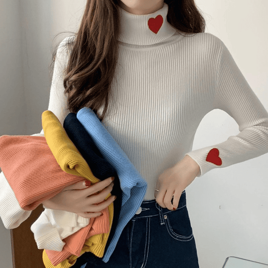 Kawaii Turtleneck Heart Embroidered Sweater