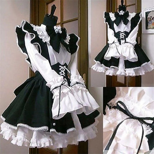 Black and White Unisex Bow Ruffle Maid Lolita Dress