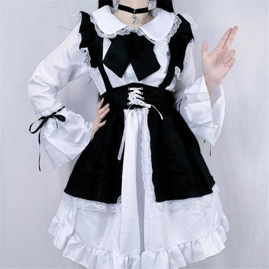 Black and White Unisex Bow Ruffle Maid Lolita Dress