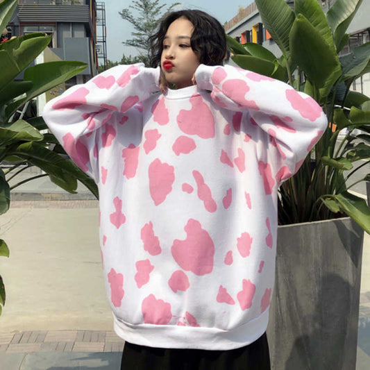 Pink Milk Cow Print Loose Crew Neck Sweater