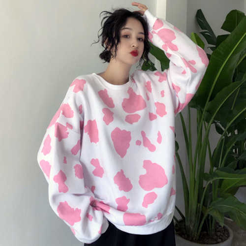 Pink Milk Cow Print Loose Crew Neck Sweater