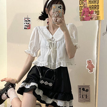 Kawaii Puff Sleeved Lace-Up Short Shirts