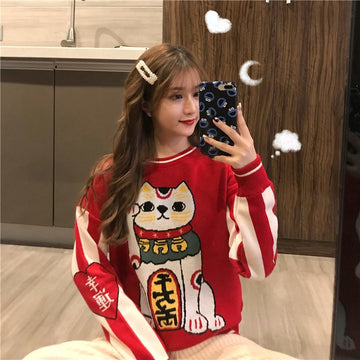 Kawaii Red Neko Lucky Cat Sweater