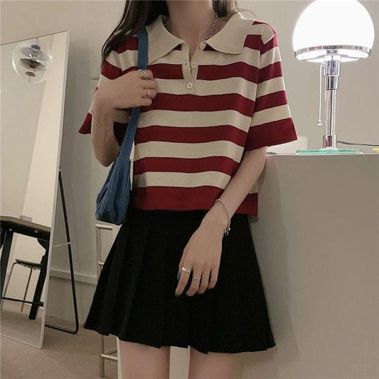 Kawaii Turn-down Collar Striped T-shirt