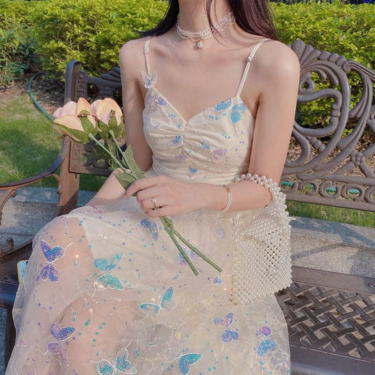 Summer Iridescent Butterflies Beige Straps Long Dress