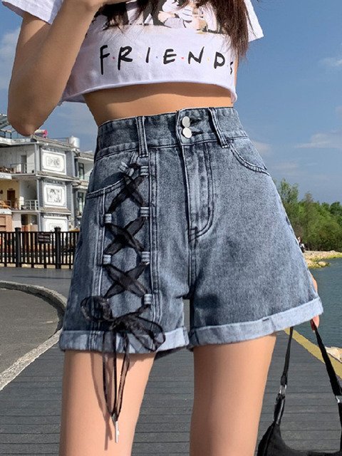 Korean High-waisted Lacing-up Denim Shorts