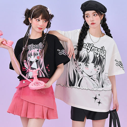 Y2K Style Manga Girl Print T-shirt