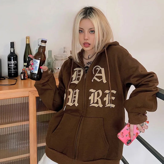 Brown Letters Embroidery Zip Up Hoodie