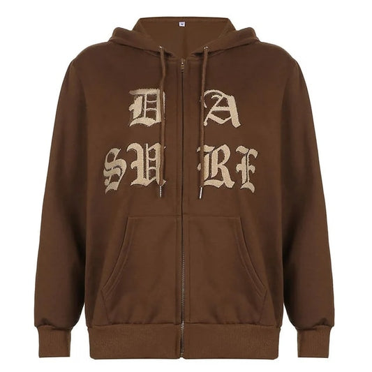 Brown Letters Embroidery Zip Up Hoodie